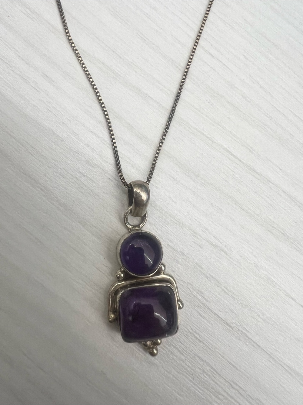 Sterling Silver Necklace with Purple Gemstone Double Pendant